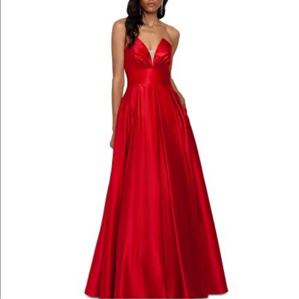 Betsy & Adam Strapless Red Gown